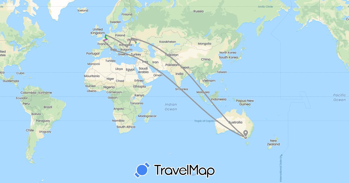 TravelMap itinerary: driving, bus, plane, train in Australia, Belgium, France, Italy, Luxembourg, Moldova, Netherlands, Romania, Ukraine (Europe, Oceania)