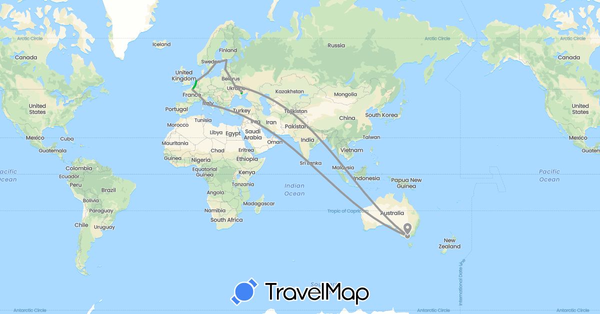 TravelMap itinerary: driving, bus, plane in Australia, Belgium, Denmark, Finland, France, Italy, Latvia, Netherlands, Sweden, Ukraine (Europe, Oceania)