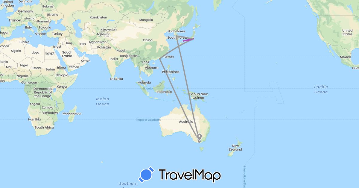 TravelMap itinerary: driving, plane, train in Australia, China, Japan, South Korea (Asia, Oceania)