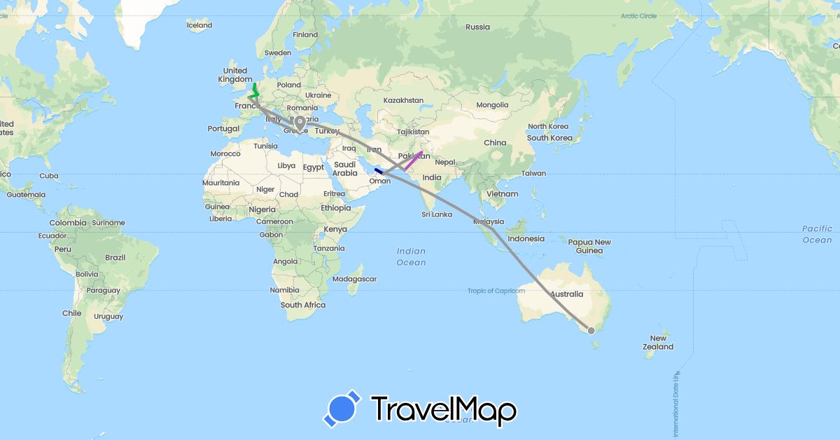 TravelMap itinerary: driving, bus, plane, train in United Arab Emirates, Albania, Australia, Belgium, Switzerland, France, Greece, Italy, Luxembourg, Netherlands, Oman, Pakistan, Singapore, Turkey (Asia, Europe, Oceania)