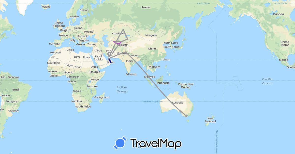 TravelMap itinerary: driving, bus, plane, train in United Arab Emirates, Australia, Kyrgyzstan, Kazakhstan, Oman, Pakistan, Uzbekistan (Asia, Oceania)